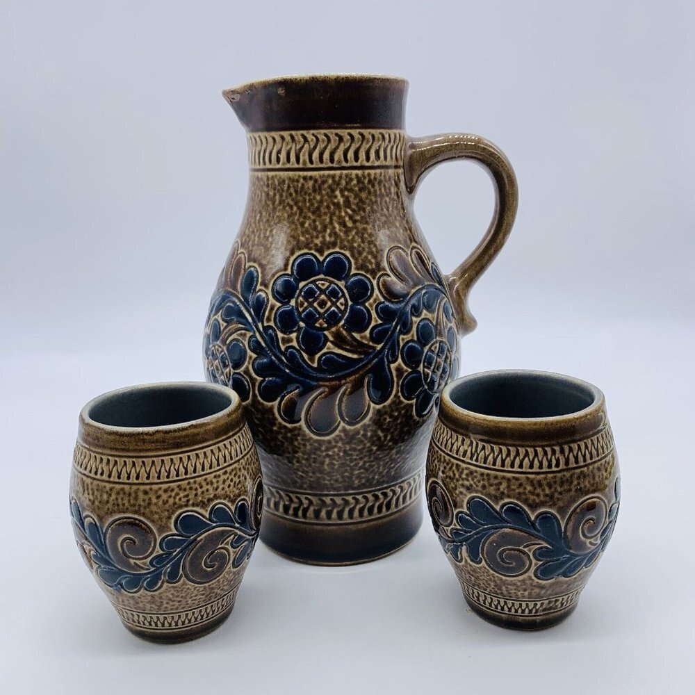 Vintage Marzi Remy Blue Salt Glaze Wine Pitcher Jug With 2‎ Cups Germany